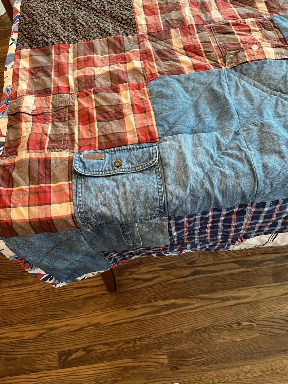 Handmade Western Shirt Patchwork Quilt Rustic Denim Plaid Memory Quilt